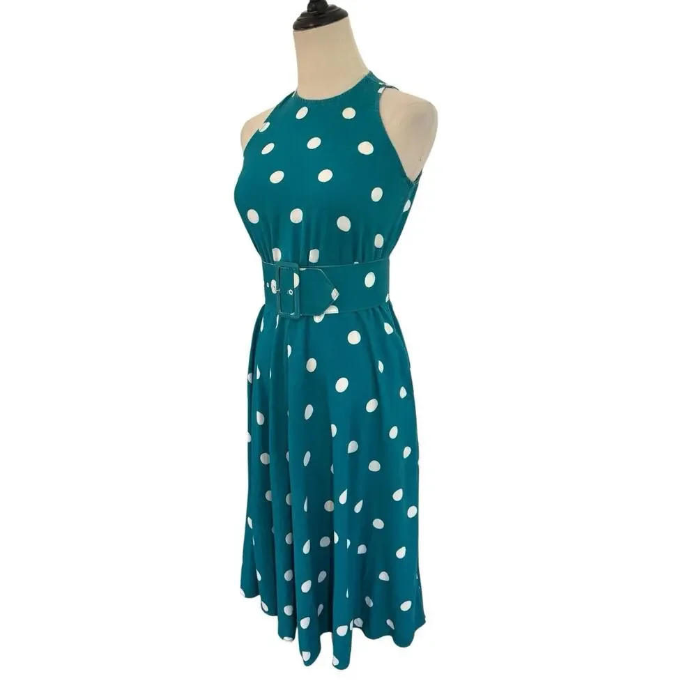 Vtg‎ 80s Brooks Atelier NY Teal Polka Dot Dress W/ Belt Halter Neck Xs Old Money